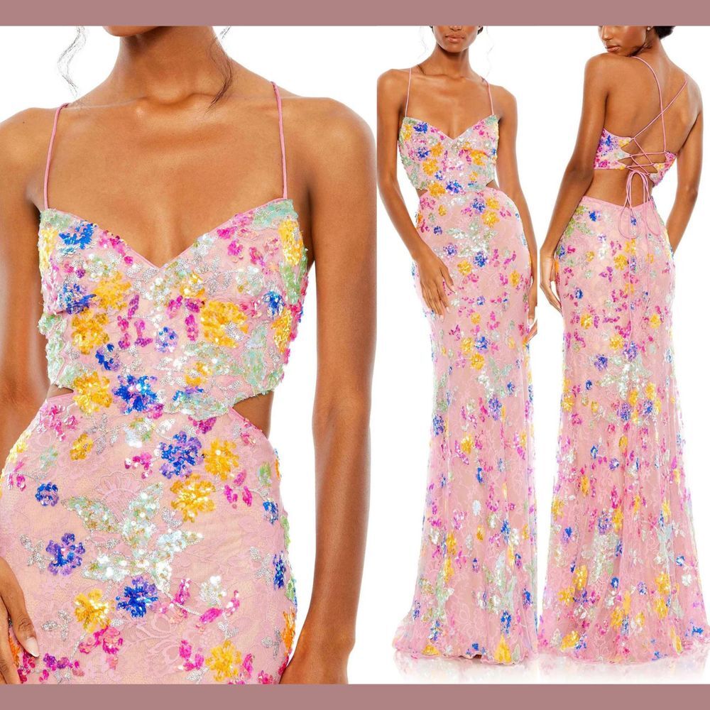 NWT Mac Duggal [ 6 ] 68067 Embellished Lace Strappy Column Gown Brigh Pink S1301